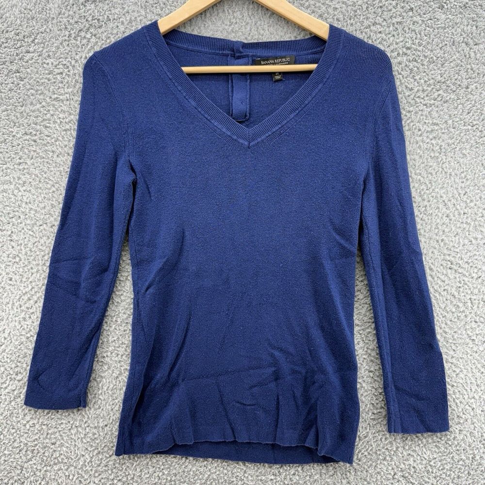 Banana Republic Cotton Cashmere Sweater Women's M Blue V Neck Long Sleeve